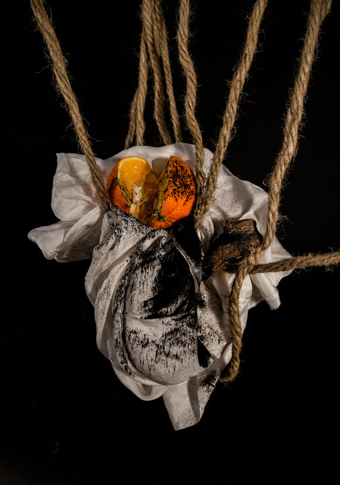 silk, orange, charcoal,wood, rope, 2014 © veronica a. perez
